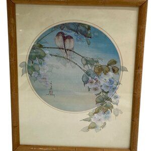 J Cheng Framed Signed Asian Bird Print Bamboo Frame Floral Watercolor